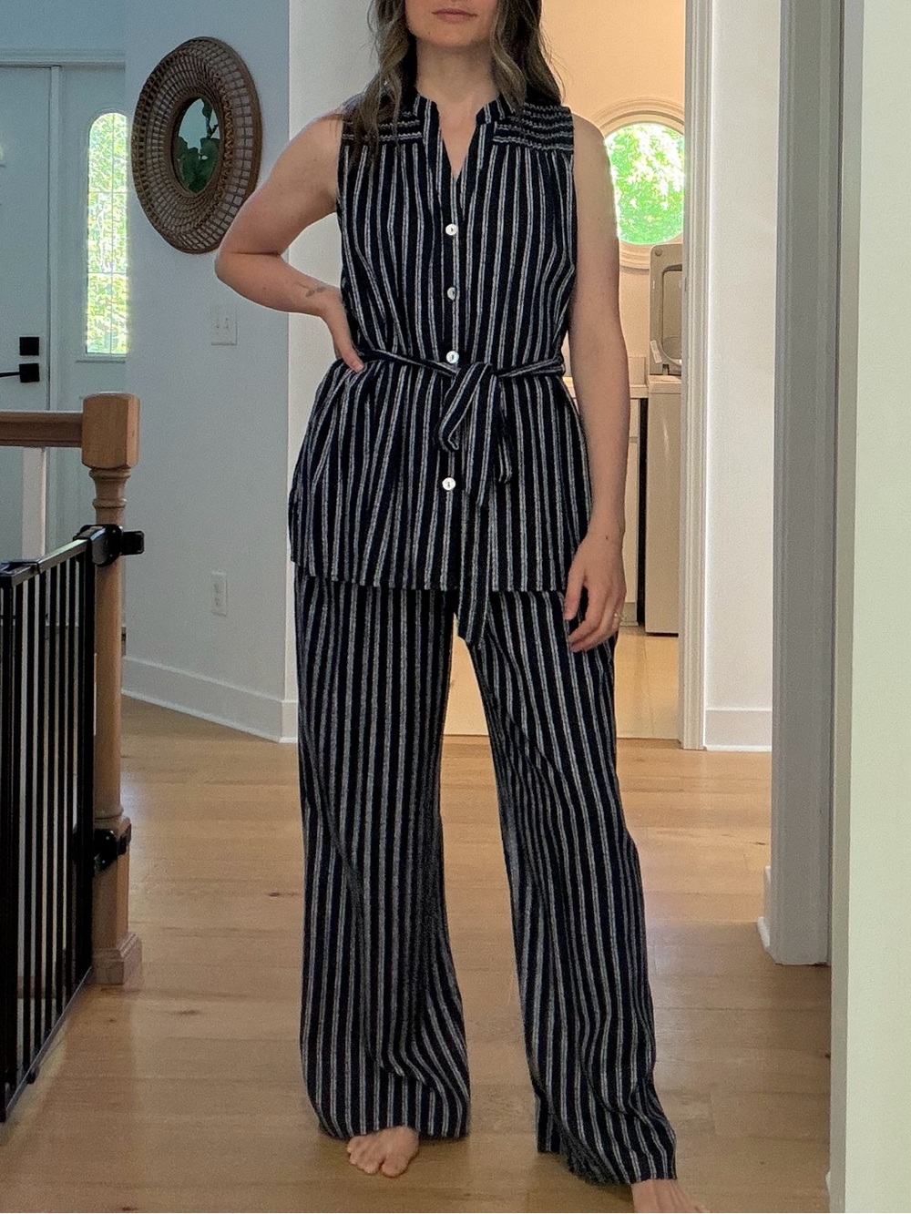 Sleeveless Button-Front Striped Jumpsuit SET- navy & White